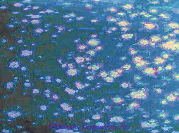 Lotus pond at twilight. This image started out as a closeup photo of a spotted tropical leaf. Through the magic of digital art, I was able to turn and transform it into an impressionistic digital painting that resembles a painting in the style of Monet. Peaceful flowers float on the surface of the water. The last rays of the sun shines on the plants and water, while the left foreground represents the area closest to the shore, already in shade.