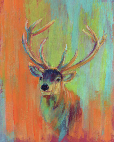 Colourful deer portrait is an acrylic painting in portrait format painted by the artist Karen Kaspar.
It shows the head and upper part of the body of a majestic stag with imposing antlers on its head. The background is abstractly painted in colourful shades of orange, green and light blue. These colours are also repeated in the stag's fur and antlers. The animal has turned its head towards the viewer and is looking kindly and attentively in his direction.