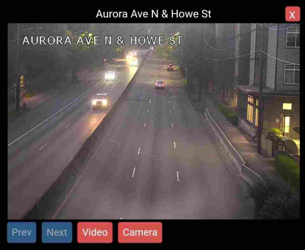 A traffic camera photo of Aurora Avenue in Seattle.