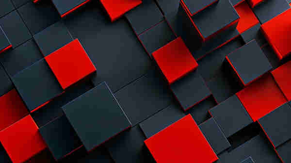 A pattern of geometric shapes, with a series of squares in a 3D perspective. The majority of the squares are in a matte black color, creating a grid-like pattern across the frame. Interspersed among these black squares are vibrant red squares, which appear to be at varying heights, giving the composition a sense of depth. The red squares have a glossy finish, contrasting with the matte texture of the black squares. The lighting casts subtle reflections and creates sharp edges that emphasize the three-dimensionality of the scene. The overall effect is one of a modern, abstract design with a clean, sleek aesthetic.