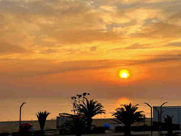 A serene sunrise over a calm beach, with the sun hanging low and casting a warm golden glow across the sky, which is adorned with soft, sweeping clouds. The ocean reflects the sun's light, shimmering in a tranquil gradient from orange to blue. Silhouettes of palm trees and a few beach huts add a tropical vibe to the scene, and empty benches invite quiet contemplation of nature's beauty. 
The early morning light gives the beach a peaceful, undisturbed atmosphere, suggesting the start of a new day.