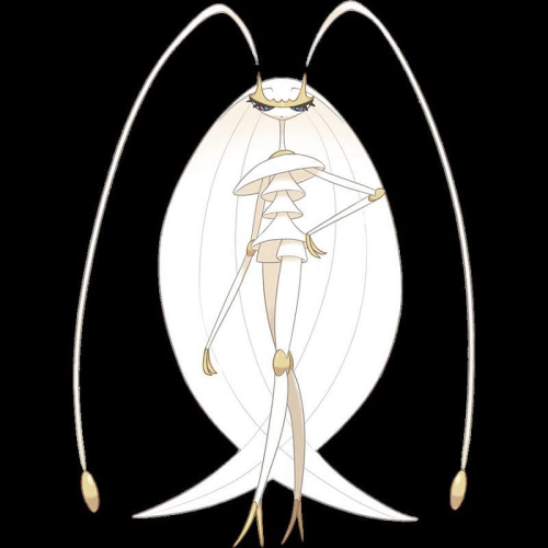 The Ultra Beast Pokemon, Pheromosa. She looks like a tall, white, beautiful cockroach with graceful proportions and fluttery eyes.