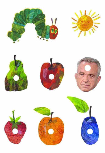 A picture showing the very hungry caterpillar at the top and various fruits below that all have holes where the caterpillar bit them. Among the fruits is Robert F Kennedy with a hole in his head