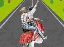 An illustration shows two women in tight jeans, high heels, and white tops on a red motorcycle. They look ready for a dangerous adventure.