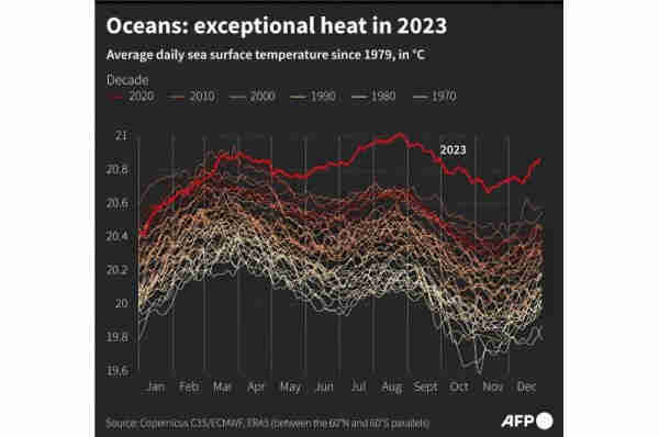 Line graph shows average daily sea surface temperature recorded monthly since 1979. High temperatures in 2023 are almost literally off the chart.