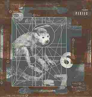 The cover of the album Doolittle. It has a dirty brown border with grey interior. There is a white picture of a monkey with a halo and the numbers 6 and 7. 
