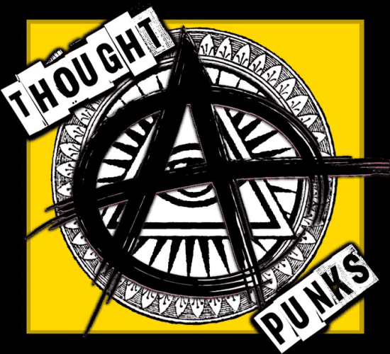 Thought Punks logo, eye of providence overwritten with an anarchy symbol