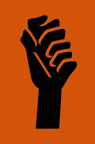 An upraised fist, a cartoonish image in black against orange, but the fist has the wrong number of fingers.