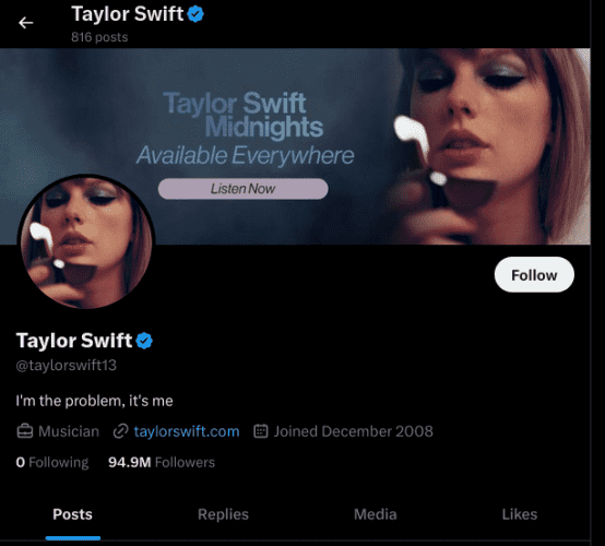 Image of Taylor Swift's real X account