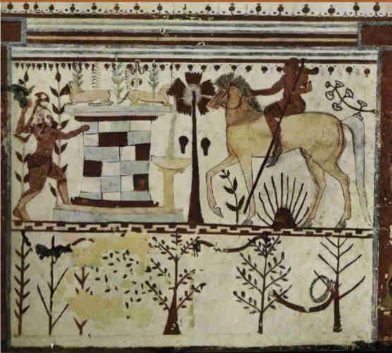 Fresco with a cream background shows Achilles with a sword and spear. He is concealed behind plants and a structure with a fountain. Troilus is depicted on horseback to the right. In the lower register is a sequence of trees in different seasons.