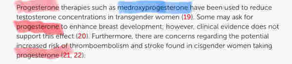 Progesterone therapies such as medroxyprogesterone have been used to reduce testosterone concentrations in transgender women (19). Some may ask for progesterone to enhance breast development; however, clinical evidence does not support this effect (20). Furthermore, there are concerns regarding the potential increased risk of thromboembolism and stroke found in cisgender women taking progesterone (21, 22).