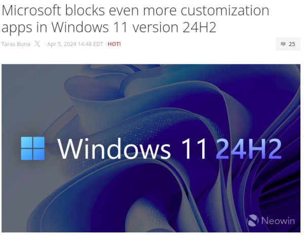 Microsoft blocks even more customization apps in Windows 11 version 24H2