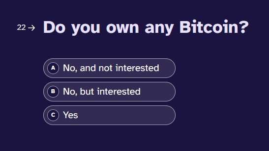 Survey question: Do you own any Bitcoin?

A: No, and not interested.
B: No, but interested.
C: Yes
