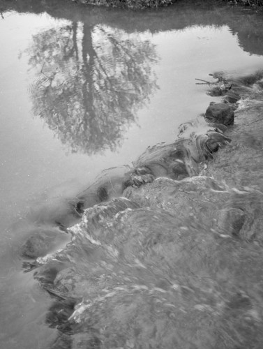 Black and white portrait format photo, entirely of water. The top left half is silky smooth and shows the reflection of a tree. An informal weir of stones divides the image from top right to bottom left; in the bottom right half the water is bubbling over the stream bed.