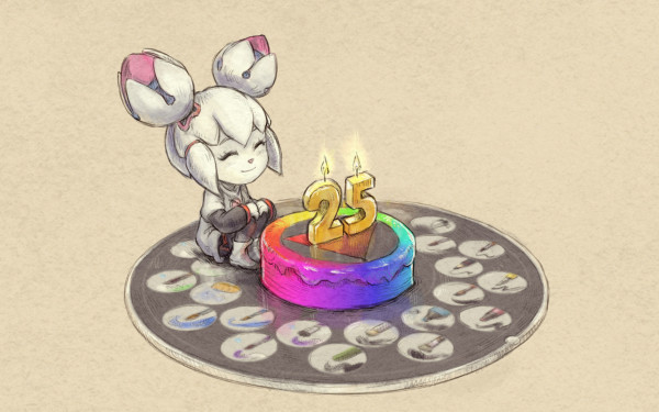 A colored drawing of Kiki (Krita's mascott, a cyber squirrel) in front of a RGB color selector themed cake with candle shaped like 25 numbers. She seats on the pop-up palette with color presets, an iconic part of the Krita interface.

License: CC-By-Sa
