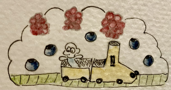 A simple drawing of a yellow train with a figure riding in an open cart. Above the train are clusters of red and blue circular shapes, which appear to be raspberries and blueberries, within a large white cloud. The train is on a green base resembling grass.