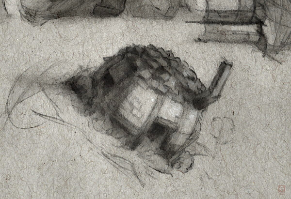 small drawing of a spherical house with a long chimney 
