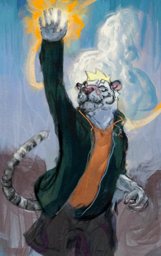 White anthropomorphic tiger reaching for the sky as the orange sun illuminates his hand.