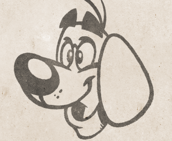 Work in progress screenshot of a digital drawing. The artwork has a cute Beagle dog character, smiling. It has a vintage comic sort of aesthetic in it.