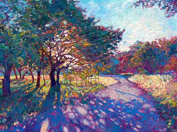 Bright coloured painting of a purple coloured path in nature. The soil on both sides of the path is covered with light green grass and there are green coloured trees with touches of blue and red in them. The sky is light blue with touches of white.