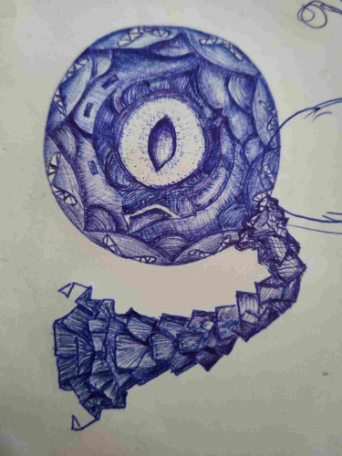Alien or mechanic eye. It is connected to a scaly stem, looking at the watcher