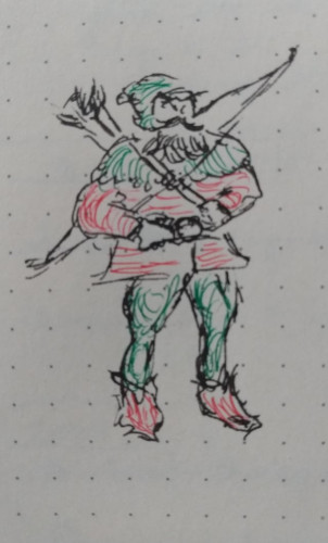 A tiny sketch of a stout, little man with a sweeping mustache and a fluffy beard. He is wearing a green cape, a red tunic, green tights, and red shoes. There's bow slung over his shoulder in a way I'm sure no respectable archer has ever slung.

The sketch was done with a black, fine-tip fountain pen and the "coloring" is done with extra fine red and green ballpoint pens.