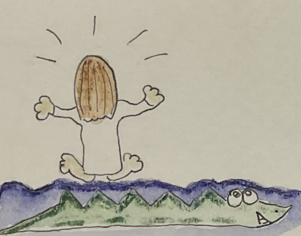 Cartoon of a person with raised hands, that seems to be jumping. Below them we see water, and right beneath the surface is an amused looking crocodile that has some very sharp spikes on its back.