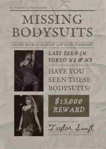fake newspaper front page with headline "Missing Bodysuits". "Last seen in Tokyo N2 & N3. $13,000 reward."