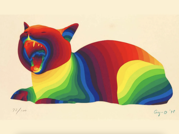 Image of a cat in loaf position, giving a wide yawn, but the cat is rendered entirely in slim, flowing rainbow stripes on a white background.