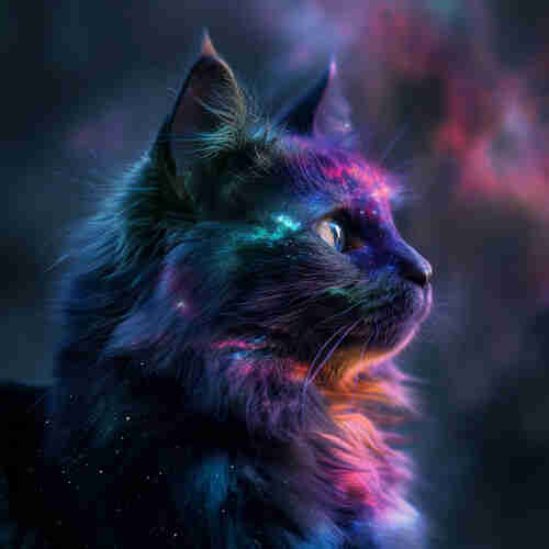 A close-up of a cat with a unique and artistic twist. Instead of normal fur, the cat’s coat is rendered in cosmic colors, with deep blues, purples, pinks, and specks of star-like white, imitating the appearance of a starry night sky or nebula. The cat’s eyes are sharply focused, suggesting contemplation, and its profile is well-defined against the nebulous background that complements its galaxy-themed fur.