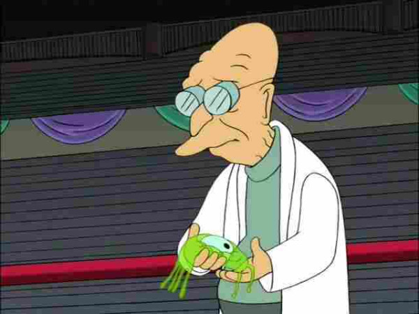 A still from Futurama of Professor Farnsworth looking sad and holding a dead brain Slug, which fell off Fry and died because he didn't have enough brain activity to sustain it