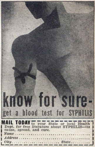 Ad with text "Know for sure -- get a blood test for Syphilis." 