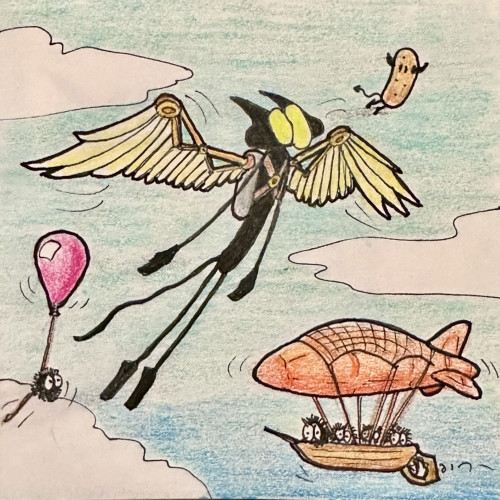 Drawing of a little gremlin flying with mechanical wings 

Zeichnung eines kleinen Gremlin, der mit mechanischen Flügeln fliegt