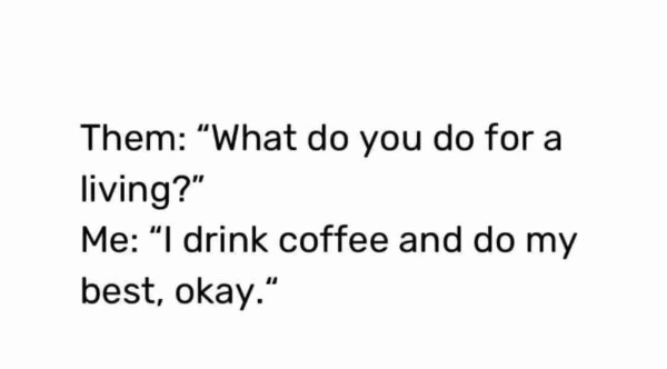 Screenshot of black text on white background. “Them: ‘What do you do for a living?’ Me: ‘I drink coffee and do my best, okay.’”