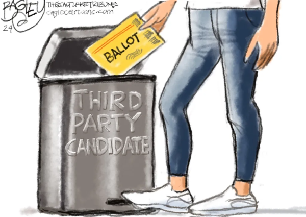 cartoon showing a trash can as the ballot box for a third party candidate