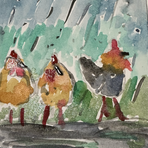 Three chickens in a rainstorm 