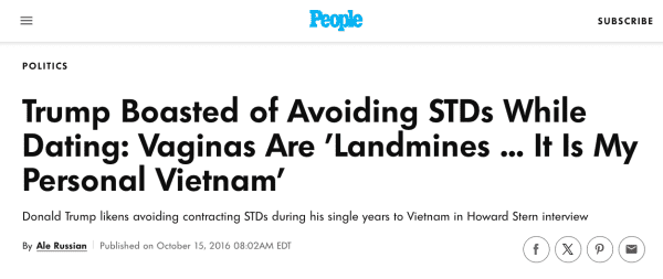 Screenshot from 2016 People magazine headline: Trump boasted of avoiding STDs while dating: Vaginas are landmines ... it is my personal Vietnam