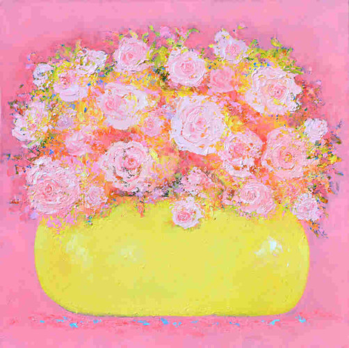 An abstract still life oil painting of pale pink roses in a brilliant yellow vase. The background is painted pink. A bright splash of pinks and yellow for your interior design.