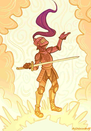 Illustration of a stylized knight standing on the surface of the sun, sword in hand, looking up at the clouds. Their left hand rises as if to grasp something delicately.