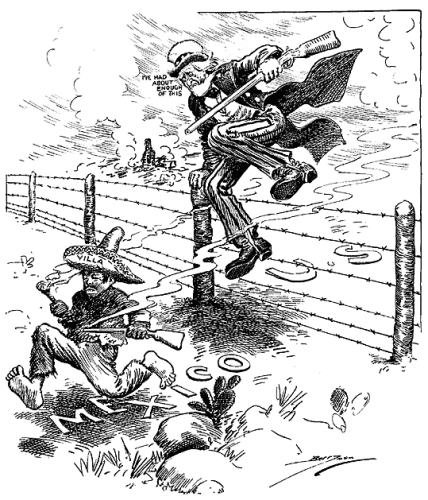 "I've Had About Enough of This". Uncle Sam, with a rifle and his usual top hat, leaps across a barbed wire border fence between the US and Mexico to chase Pancho Villa. By Clifford K. Berryman - This tag does not indicate the copyright status of the attached work. A normal copyright tag is still required. See Commons:Licensing., Public Domain, https://commons.wikimedia.org/w/index.php?curid=6965298
