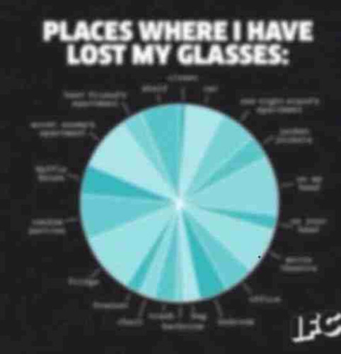 A pie chart "Places where I have lost my glasses"
There are perhaps twenty segments in shades of blurry blue, labeled in an indecipherably blurry way suggesting that you the reader have lost your glasses!