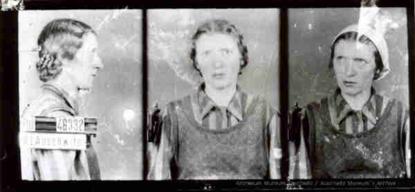 A mugshot registration photograph from Auschwitz. A woman wearing a striped uniform photographed in three positions (profile and front with bare head and a photo with a slightly turned head with a headscarf on). The prisoner number is visible on a marking board on the left.
