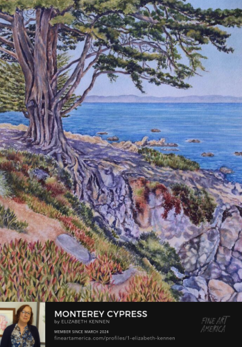 Watercolor painting of a large Monterey Cypress tree with rocks and ice plant. Overlooking Monterey Bay. 