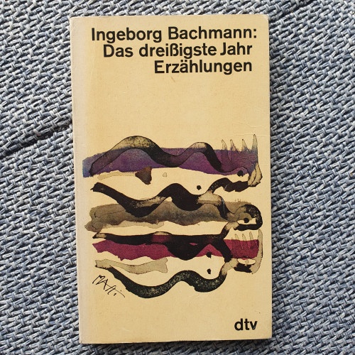 The book "Das dreißigste Jahr" Ingeborg Bachmann (visibly a very old edition that has seen better) on my grey couch. 