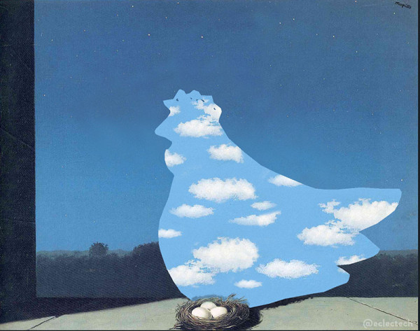 An adaptation of Magritte's The Return, featuring a nest with eggs and the shape of a flying bird filled with blue sky and clouds in the sky beyond. In this version we have the same nest, but instead of a bird flying there is a profile of a large knitted chicken filled with blue sky and clouds, sitting by the nest.