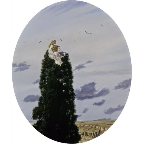 Depicted on an oval canvas, a tall lush evergreen towers above arid landscape. Blunting the treetop with her weight, a woman with long, wavy blonde hair sits comfortably atop with one knee up. Her silky white robe spill down, a contrast to the dark green of her perch. Resting an elbow across her knee, she cradles the spiral of a large ammonite fossil as she stares off into the distance. Seagulls cross her line of sight gliding across pale blue-gray skies. Low, dark puffs of clouds drift by, an undercurrent of motion. Below, a deep canyon winds through otherwise flat dry land.
