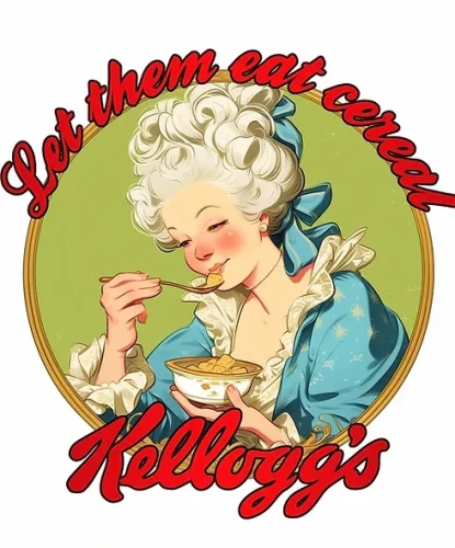 Cartoon drawing of Marie Antoinette eating cereal out of a gilded bowl, using a gold spoon. The text around it reads, "Let them eat cereal, Kellogg's"