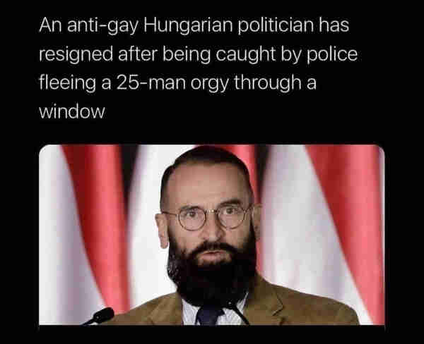 An anti-gay Hungarian politician has
resigned after being caught by police
fleeing a 25-man orgy through a
window