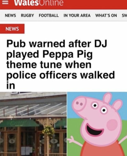 News healine from Wales Online. Reads: pub warned after DJ played Peppa Pig theme tune when police officers walked by 