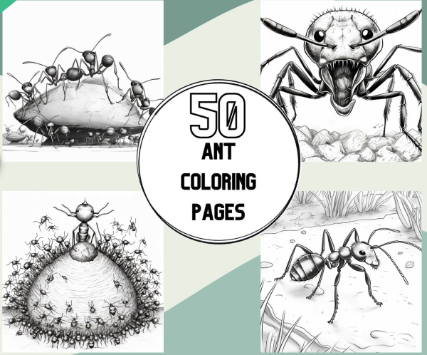 "50 ant coloring pages" black and white images of "ants" but if you look more closely they aren't really ants at all... just parts of ants put together without reason. 